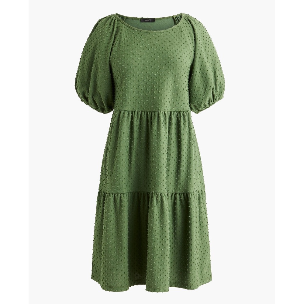 J.Crew Olive Green Clip Dot Tiered Puff Sleeve‎ Babydoll Dress L Cottagecore